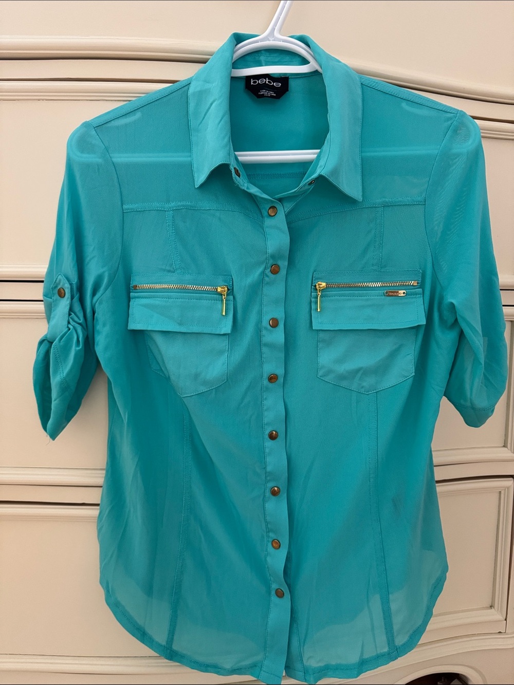 Vintage bebe Teal Button-Front Shirt with Gold Zippers